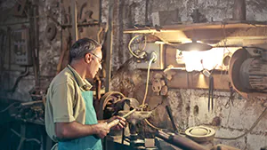 Mann arbeitet an beleuchteter Werkbank