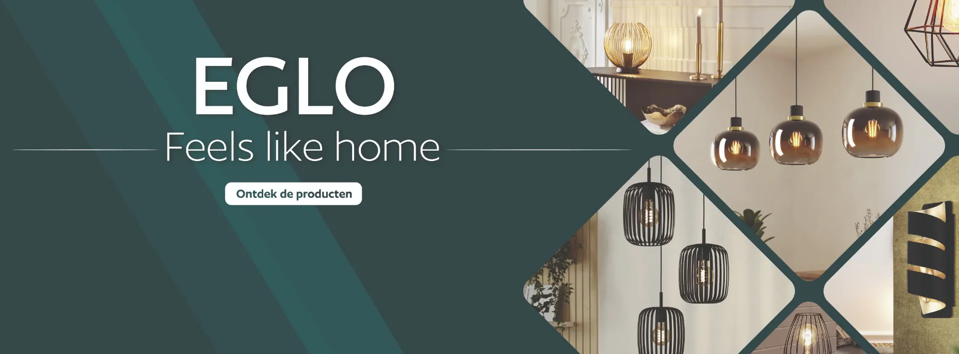 EGLO banner met de merknaam en diverse hanglampen, wandlampen en tafellampen